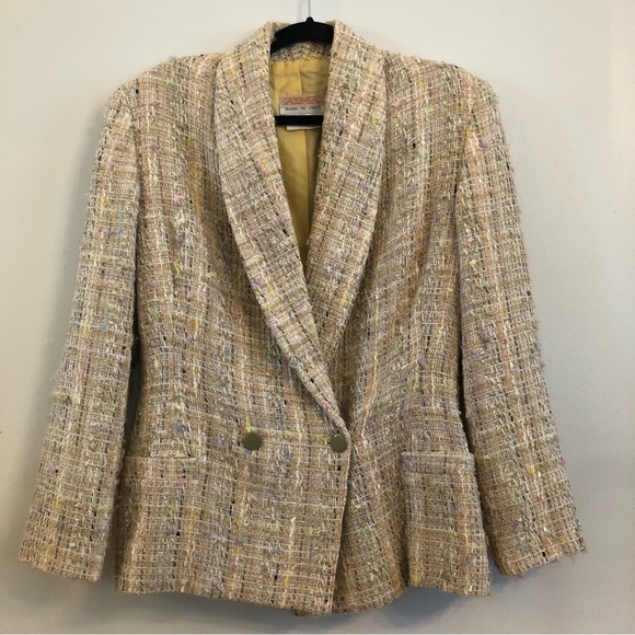 Vintage Alma Italy Tan & Pastel Tweed Power Blazer 90s Shoulder Pads 44 M - Picture 2 of 12